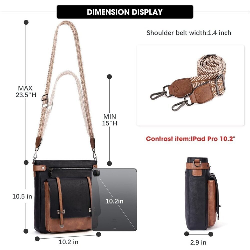 Women’s Black/Brown Leather Purses Multi-Pocket Adjustable Strap Crossbody Bags - Picture 6 of 6